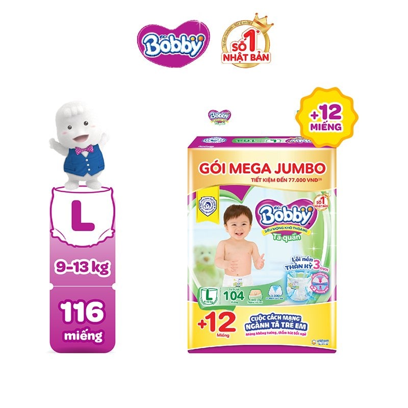 Tã/bỉm quần Bobby Mega Jumbo Lõi nén thần kì 3mm - Tặng 12 miếng trong gói