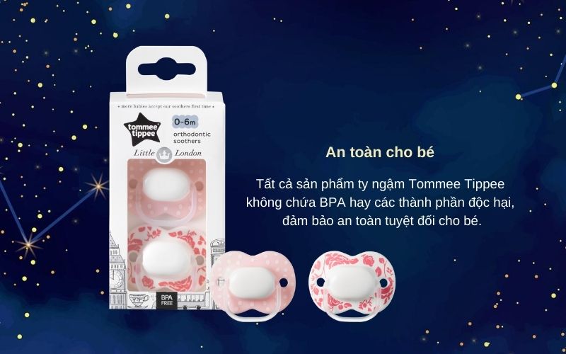 Ty Ngậm Dạ Quang Cho Bé Tommee Tippee 0-6 Tháng (Vỉ Đôi) - Night Time – Mưa Xám