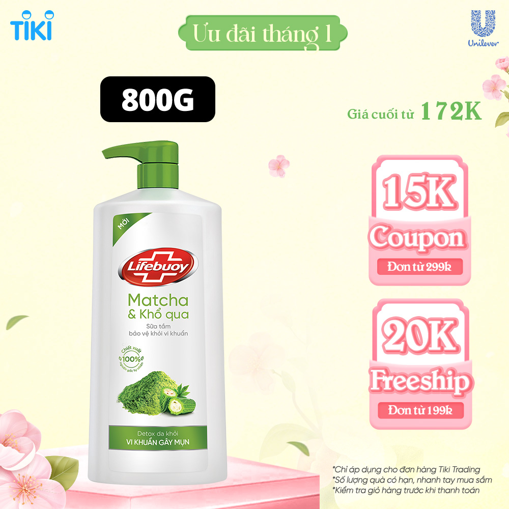 Sữa Tắm Lifebuoy Detox Và Sạch Sâu Khỏi Bụi Mịn Pm2.5 Detox Bảo Vệ Khỏi Vi Khuẩn Gây Mụn Cơ Thể Matcha &amp; Khổ Qua Chai 800G