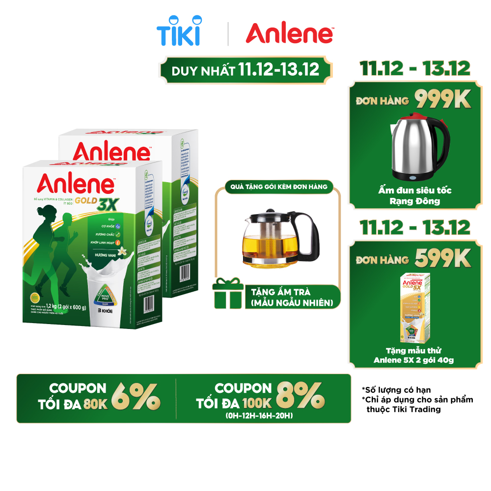 Combo 2 Sữa Bột Anlene Gold 3X Hương Vanilla (Hộp giấy 1200g) - Tặng ấm trà (mẫu ngẫu nhiên)