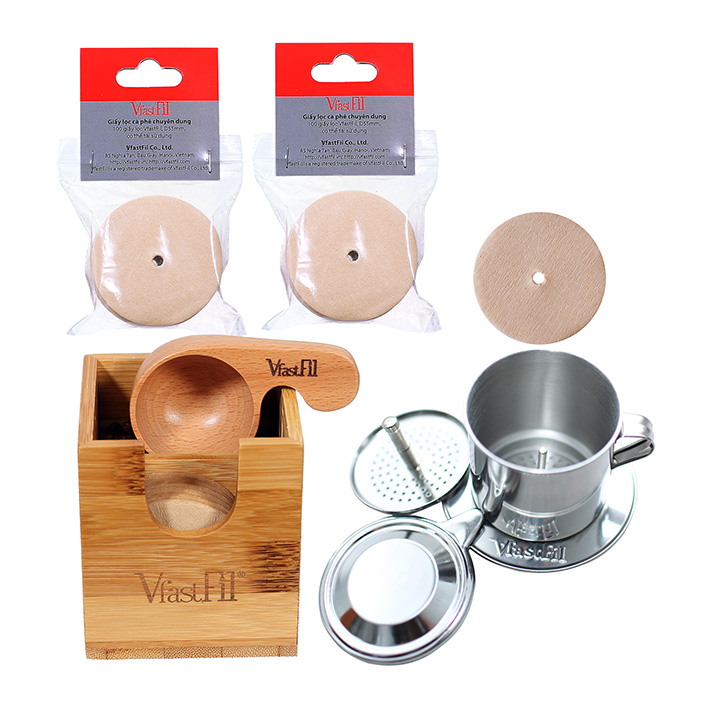 Phin cafe inox VfastFil và 1 túi giấy lọc cafe, thành phần của bộ kit cafe phin VfastFil, phin cafe cải tiến + 1 túi giấy lọc cafe, 100 tờ/túi, giấy lọc cafe được làm bằng bột gỗ tự nhiên màu nâu không tẩy trắng và tái sử dụng được