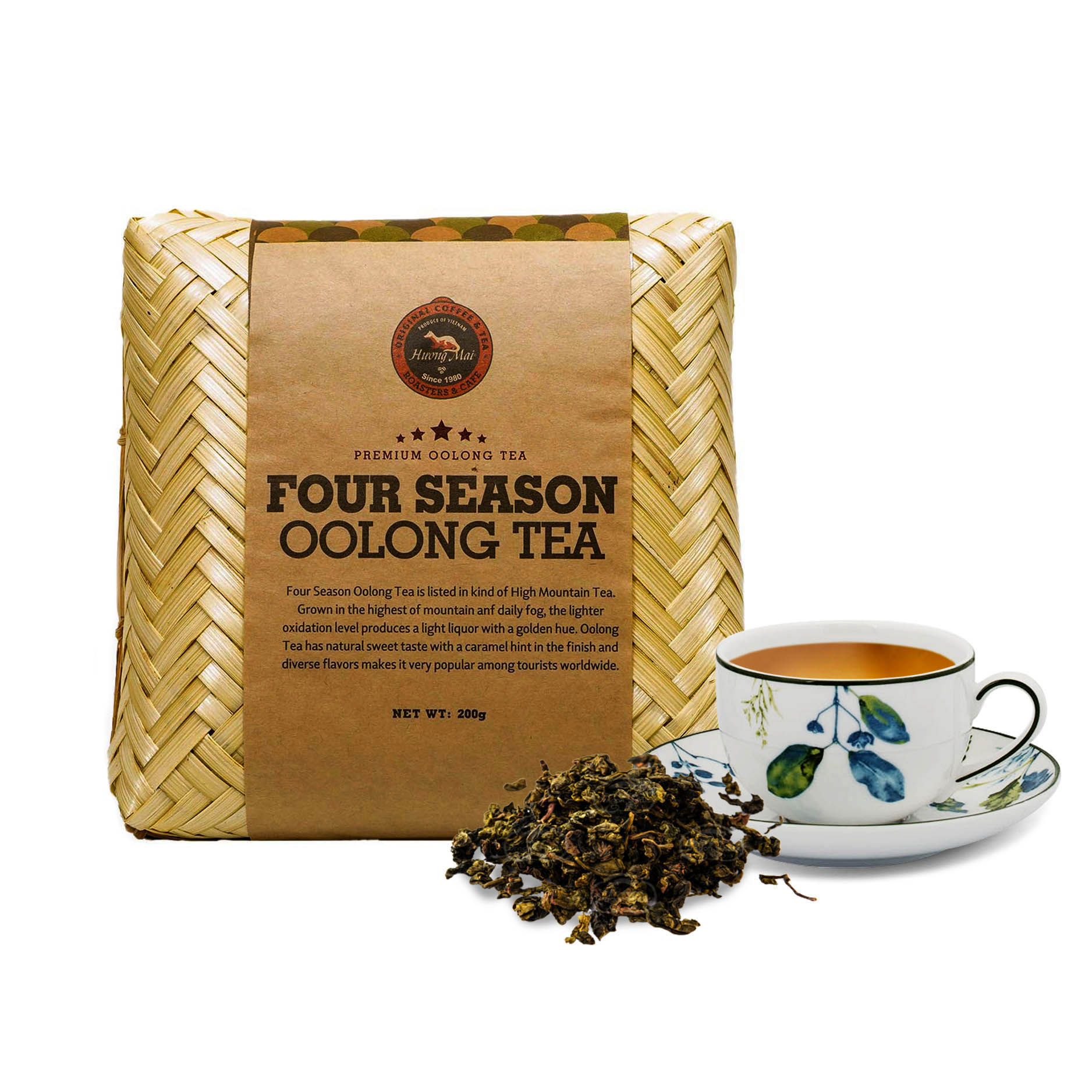 Trà Oolong Bamboo Thượng Hạng Hương Mai Cafe Premium Four Season Oolong Tea Hương Vị Ngọt Thanh Nhẹ - Hộp Tre Đan 200g