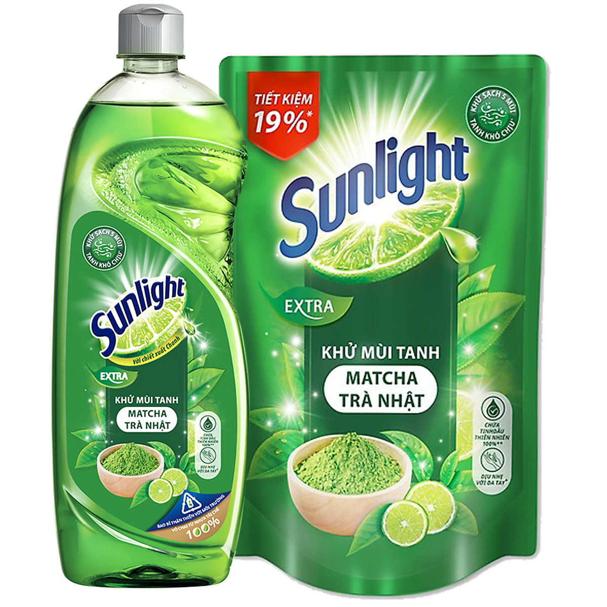 Nước Rửa Chén Sunlight Trà Xanh 750ML combo chai và túi