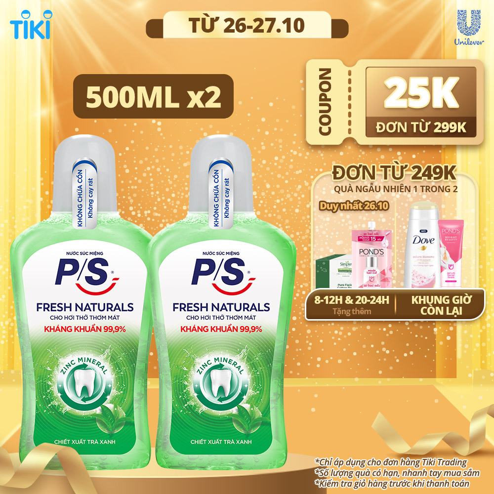 Combo 2 Nước Súc Miệng P/S Trà Xanh Zinc Mineral Không Cồn Không Cay Rát Kháng Khuẩn 99.9% Hơi Thở Thơm Mát 500Ml/Chai