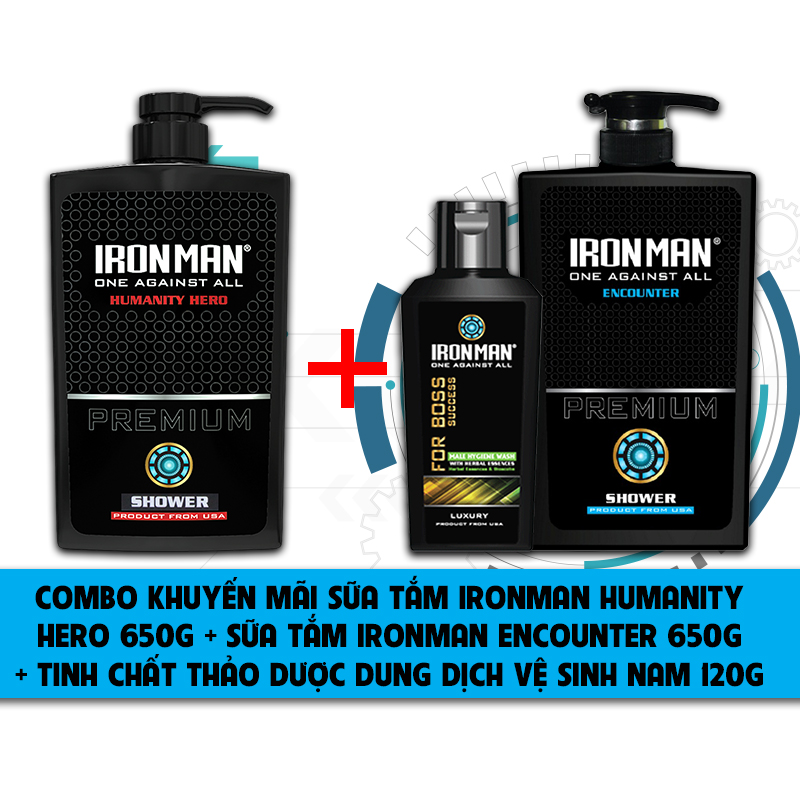 Sữa tắm hương nước hoa nam ironman humanity hero 650g + sữa tắm nhiệt ironman encounter 650g + dung dịch vệ sinh nam tinh chất thảo dược ironman 120g