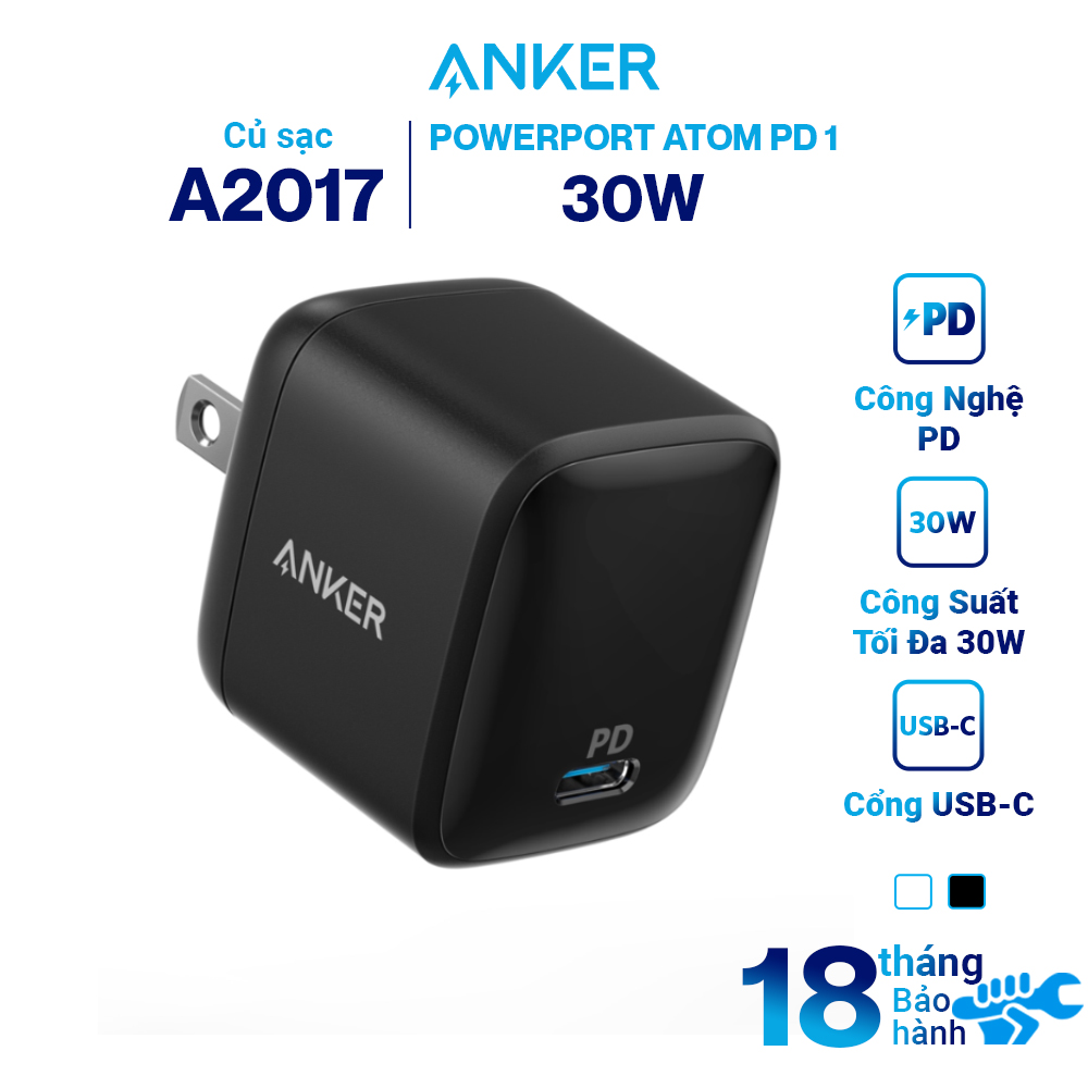 Adapter Sạc 1 Cổng 30W Anker PowerPort Atom PD 1 Tích Hợp Công Nghệ GaN - A2017 - Hàng Chính Hãng