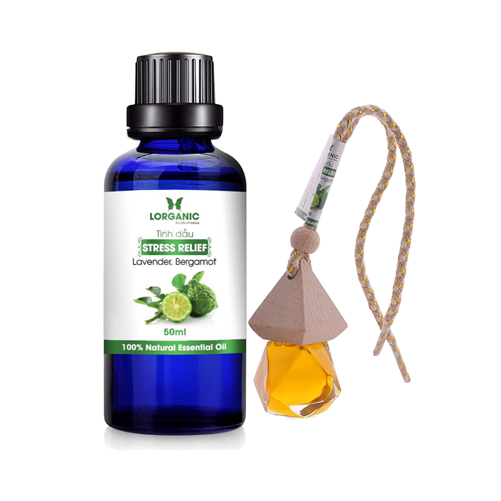 Combo tinh dầu thư giãn stress relief Lorganic (50ml) +tinh dầu thư giãn stress relief Lorganic treo xe hơi, tủ áo  (10ml) / Tinh dầu thiên nhiên nguyên chất/ Hương thơm tự nhiên, thư giãn.