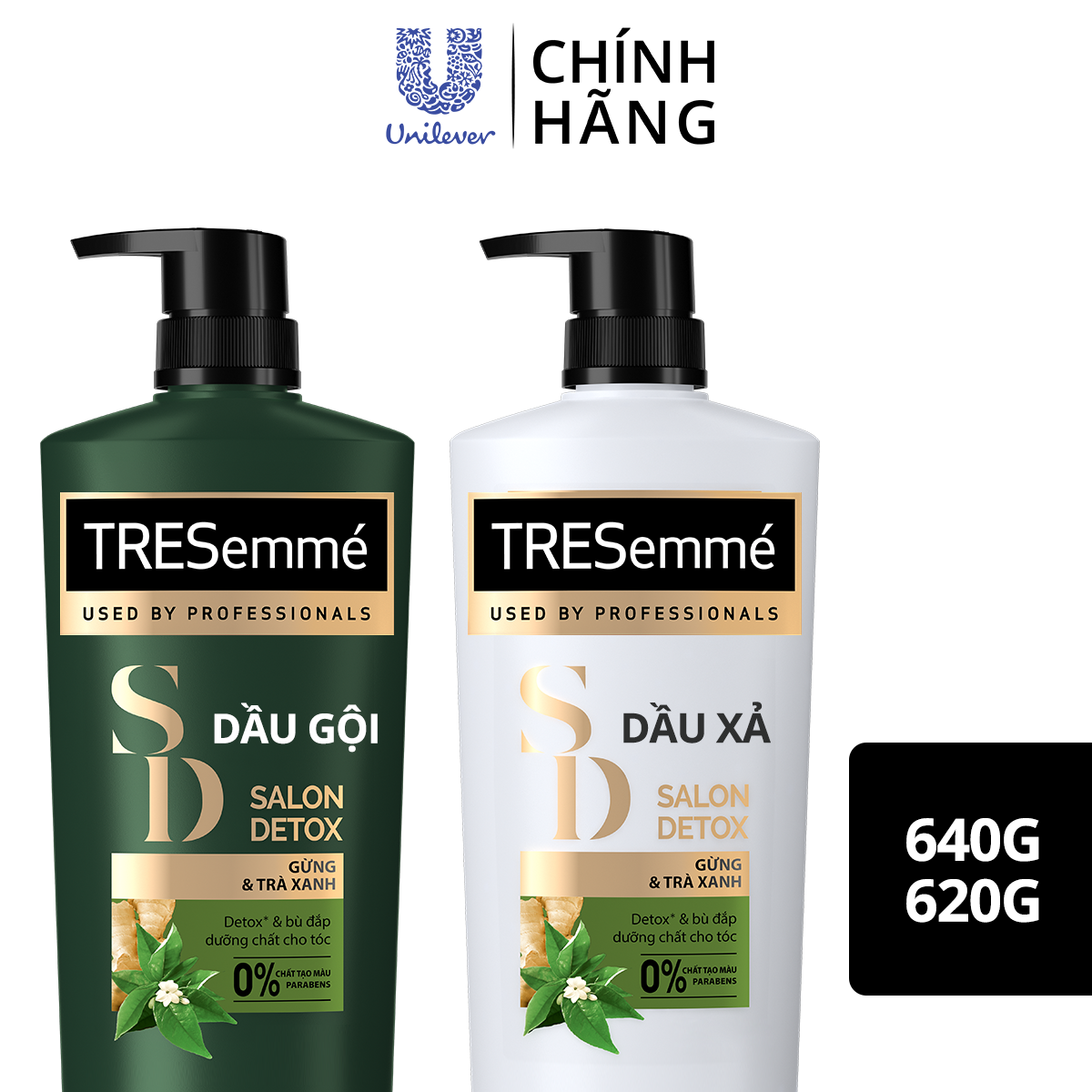 Combo Dầu Gội, Dầu Xả TRESEMME Salon Detox Cho tóc chắc khỏe cùng Gừng và Trà Xanh Dầu gội xả Detox tóc sạch sâu 640g, 620g