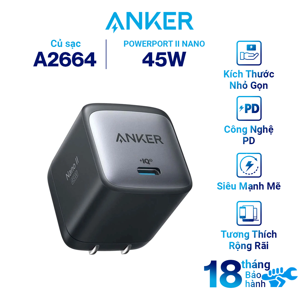 Adapter Sạc ANKER Nano II 45W Type-C 713 GaN II PPS Có Thể Gấp Gọn Tương Thích Nhiều Thiết Bị - A2664 - Hàng Chính Hãng