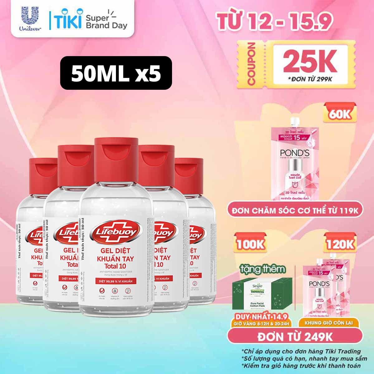 Combo 5 Gel Rửa Tay Khô Sạch Siêu Nhanh Lifebuoy Bảo Vệ Vượt Trội 10 (Chai Nắp 50ml)