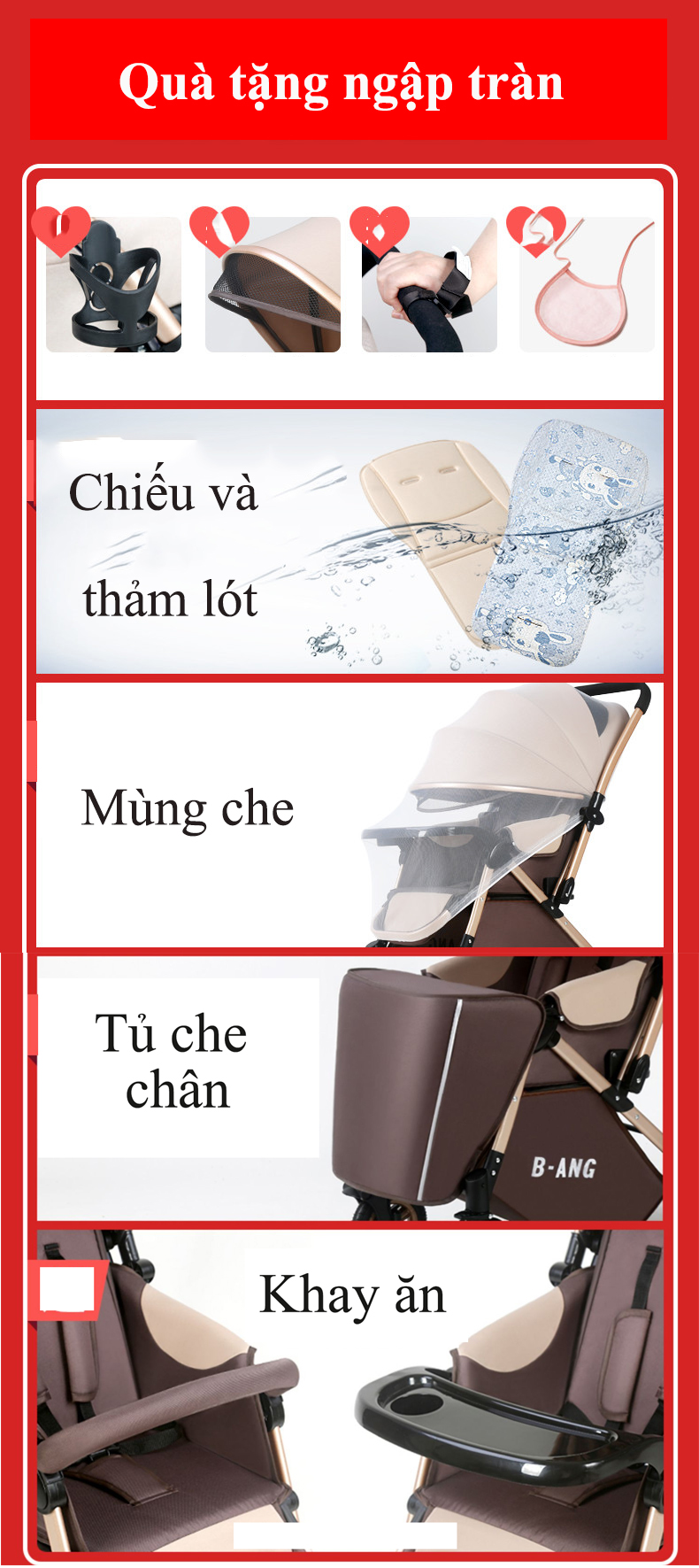 Xe đẩy trẻ em cao cấp 2 chiều 3 tư thế gấp gọn khi du lịch, kiểu dáng sang trọng, màu kem