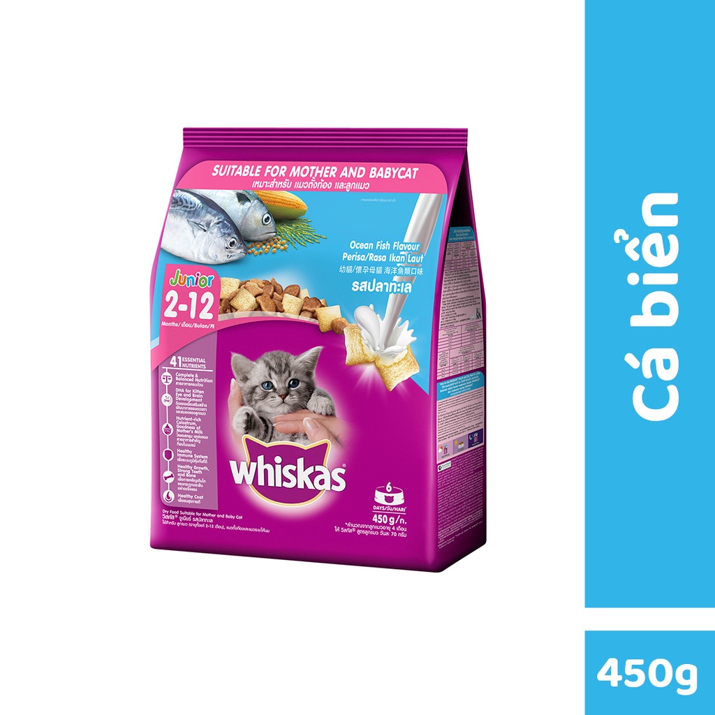Đồ Ăn Cho Mèo Con 2-12 Tháng Whiskas Vị Cá Biển Và Sữa - Túi 450g