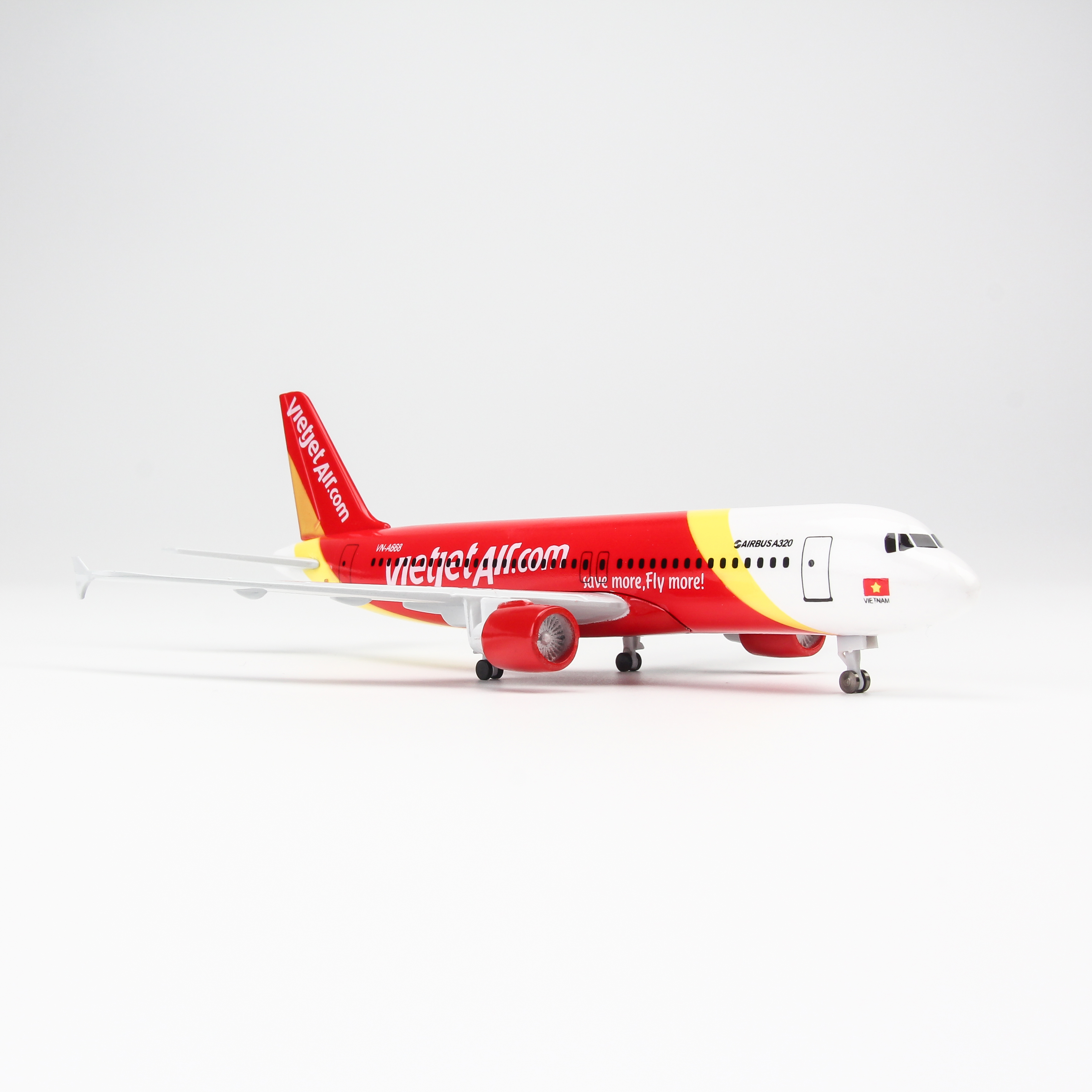 Mô hình máy bay A320 Vietjet Airlines (20cm) (Trắng Đỏ Vàng,có bánh )