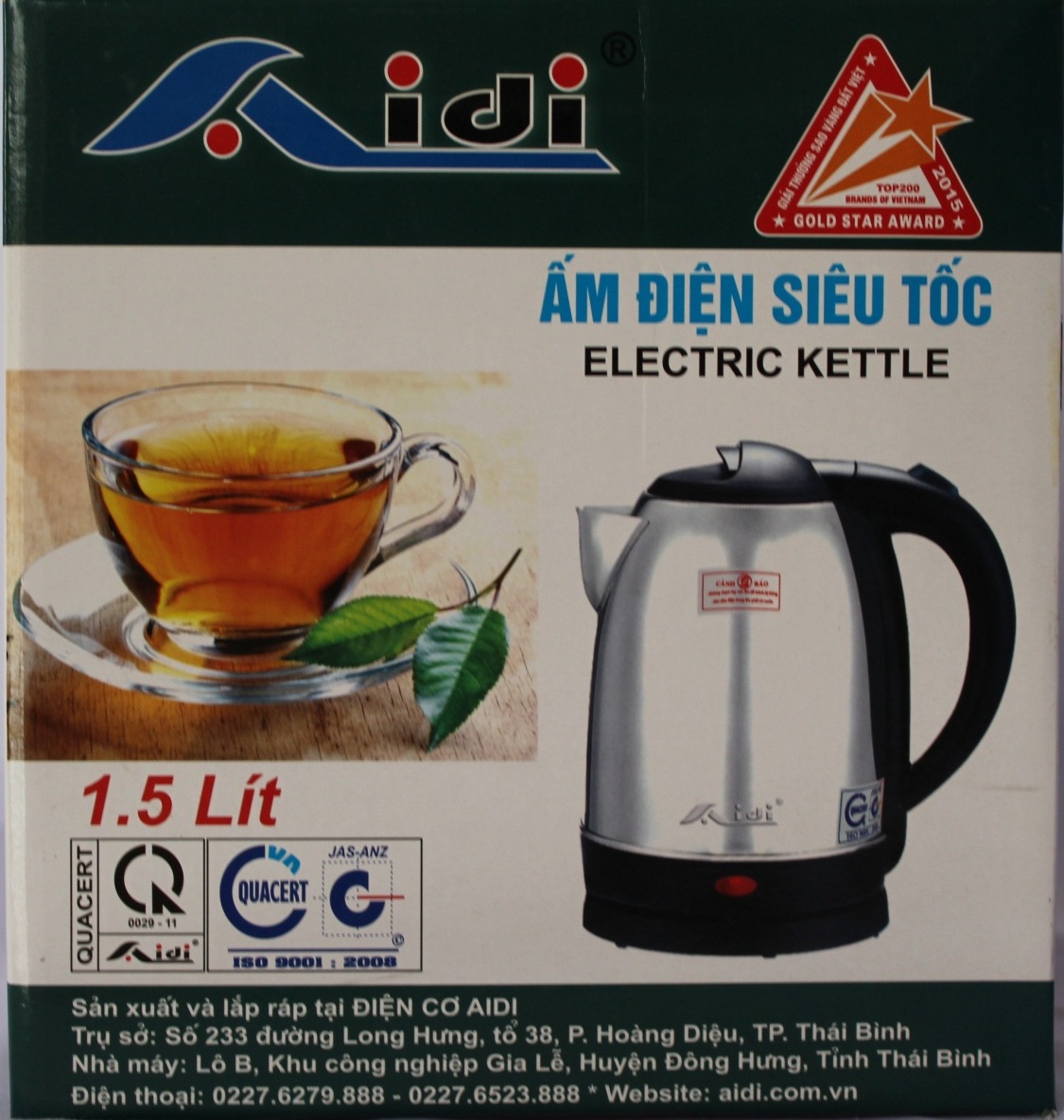 Ấm điện siêu tốc Aidi 304 ST-08 (1.5 lít) - Màu Ngẫu Nhiên - Hàng Chính Hãng