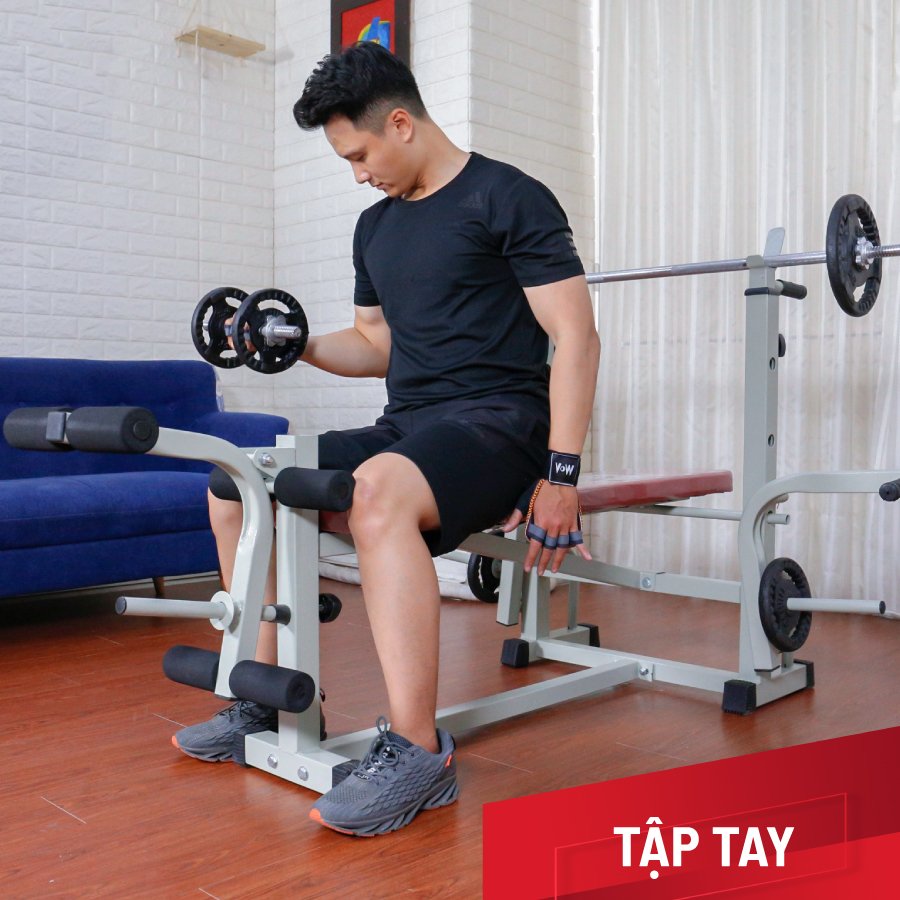 Giàn tạ đa năng 2014 kèm 54kg tạ gang , đòn tạ 1m5, 1 găng tay tập tạ