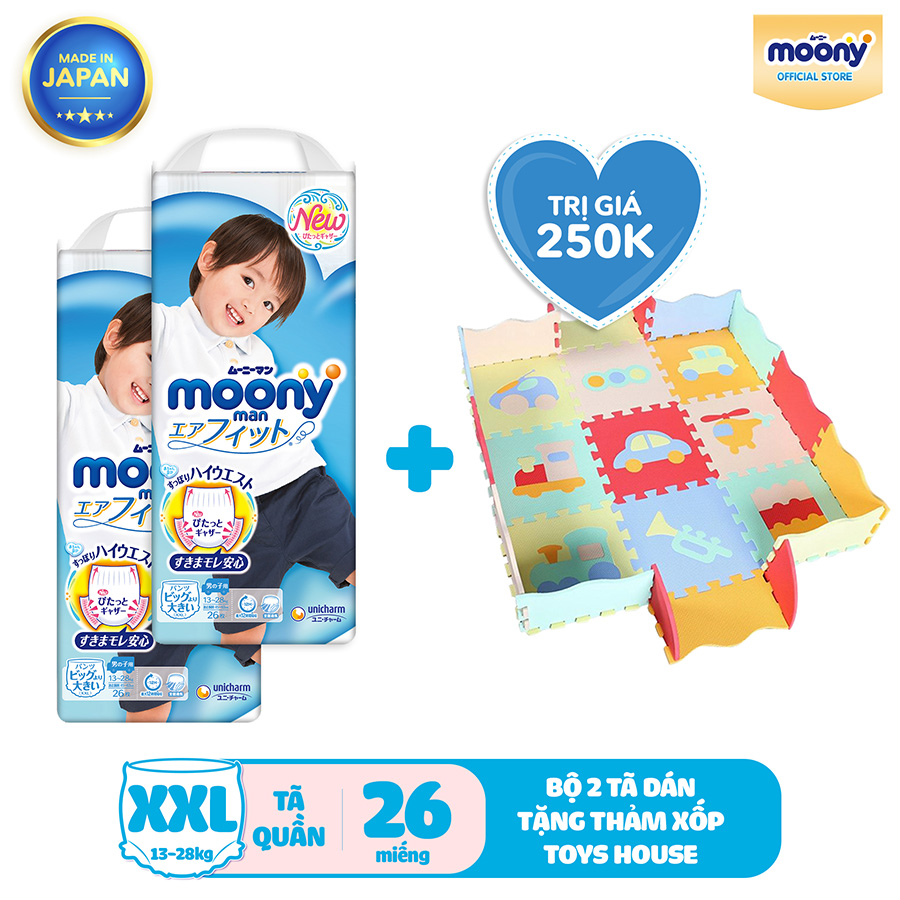 Combo 2 Gói Tã Quần Cao Cấp Moony Nhật Bản Bé Trai XXL26 (26 Miếng/Gói) - Tặng 1 Thảm Xốp Quây