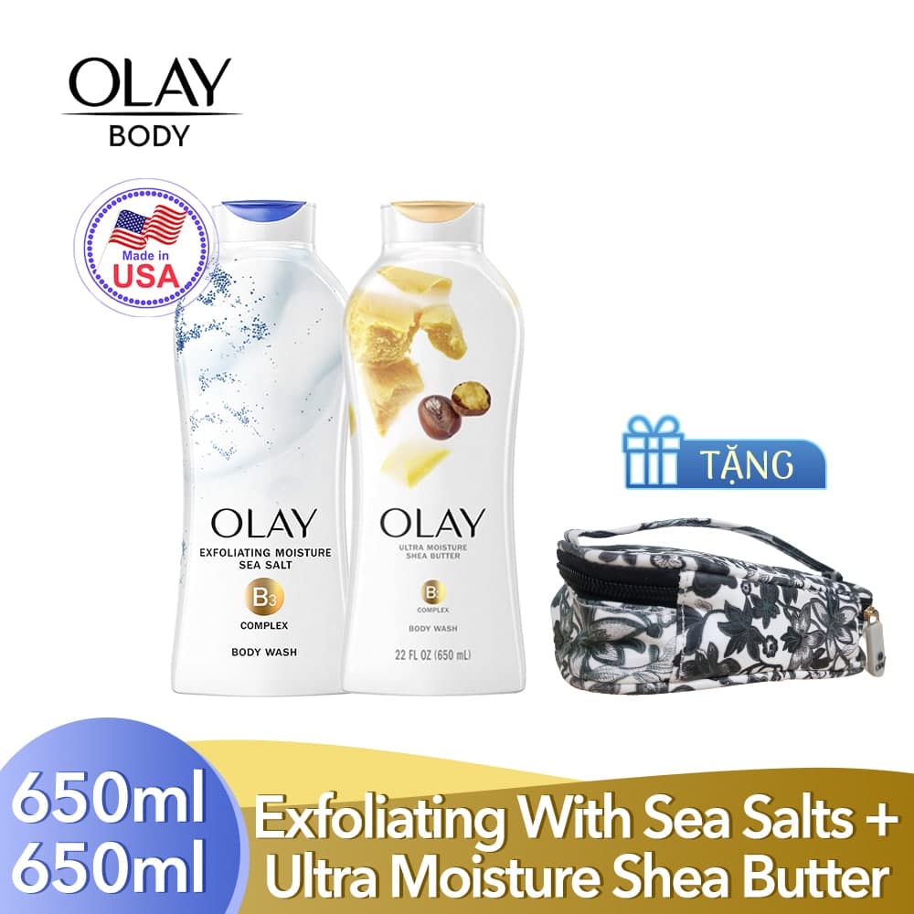 Bộ 2 Sữa Tắm Olay Body wash Daily Exfoliating With Sea Salts 650 ml + Olay Body wash Ultra Moisture 650 ml [Tặng kèm túi đựng mỹ phẩm]