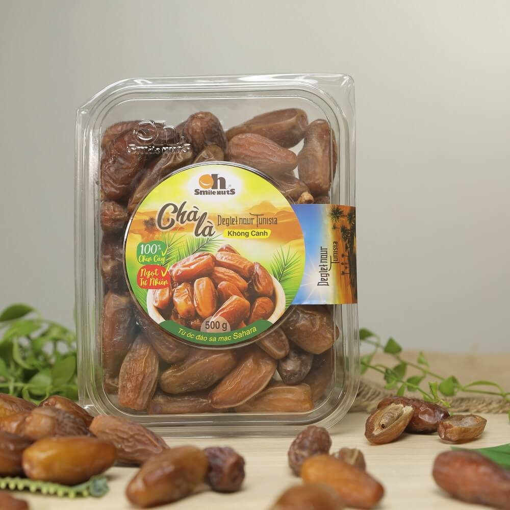 Chà Là Không Cành Tunisia Smile Nuts Hộp 500g - Dòng chà là Deglet Nour thịt mềm, dẻo, thoảng vị mật ong