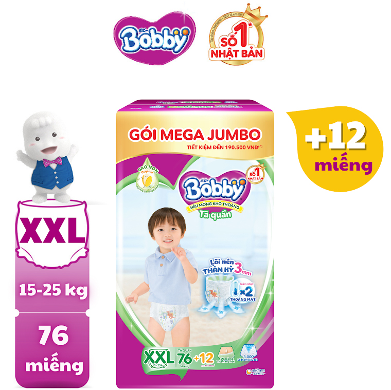 Tã/bỉm quần Bobby Lõi nén thần kỳ 3mm Mega Jumbo Gạo Non M112/L96/XL84/XXL76