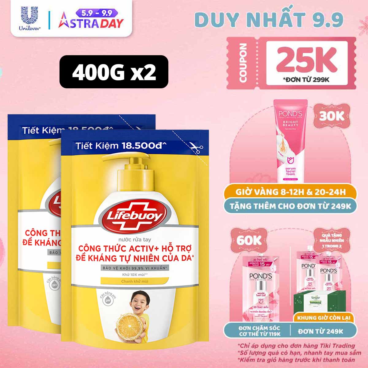 Combo 2 Nước rửa tay Lifebuoy chanh khử mùi túi 400g