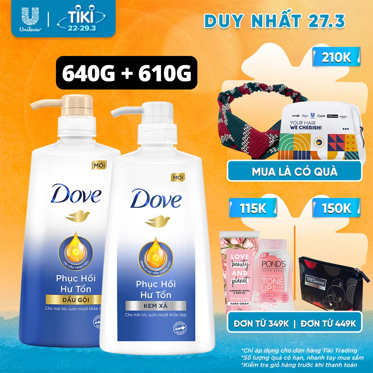 Combo Dove Phục Hồi Hư Tổn Dầu Gội 640g + Kem Xả 610g
