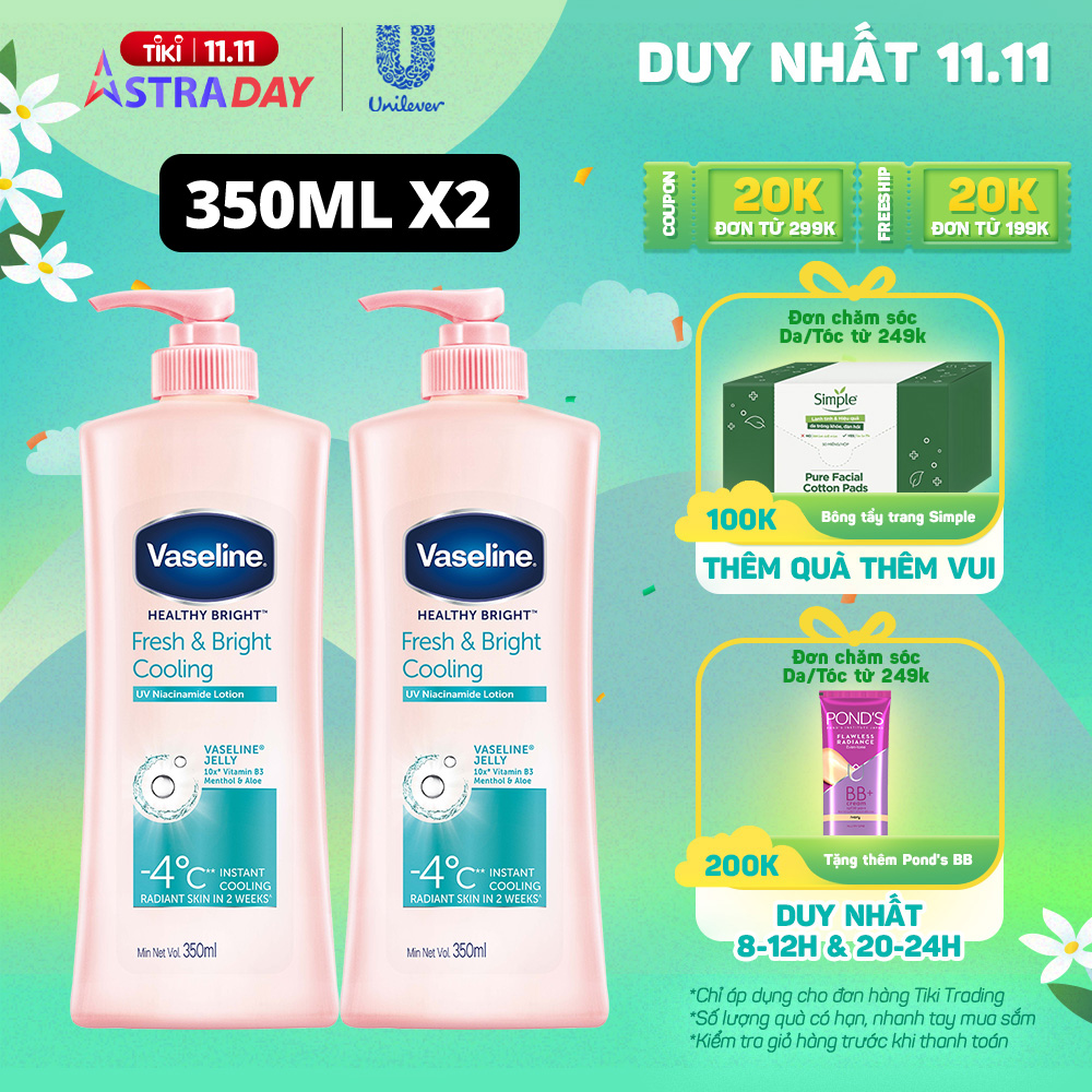 Combo 2 Gel dưỡng thể dưỡng sáng mát lạnh Vaseline Fresh &amp; Bright 350ML/chai