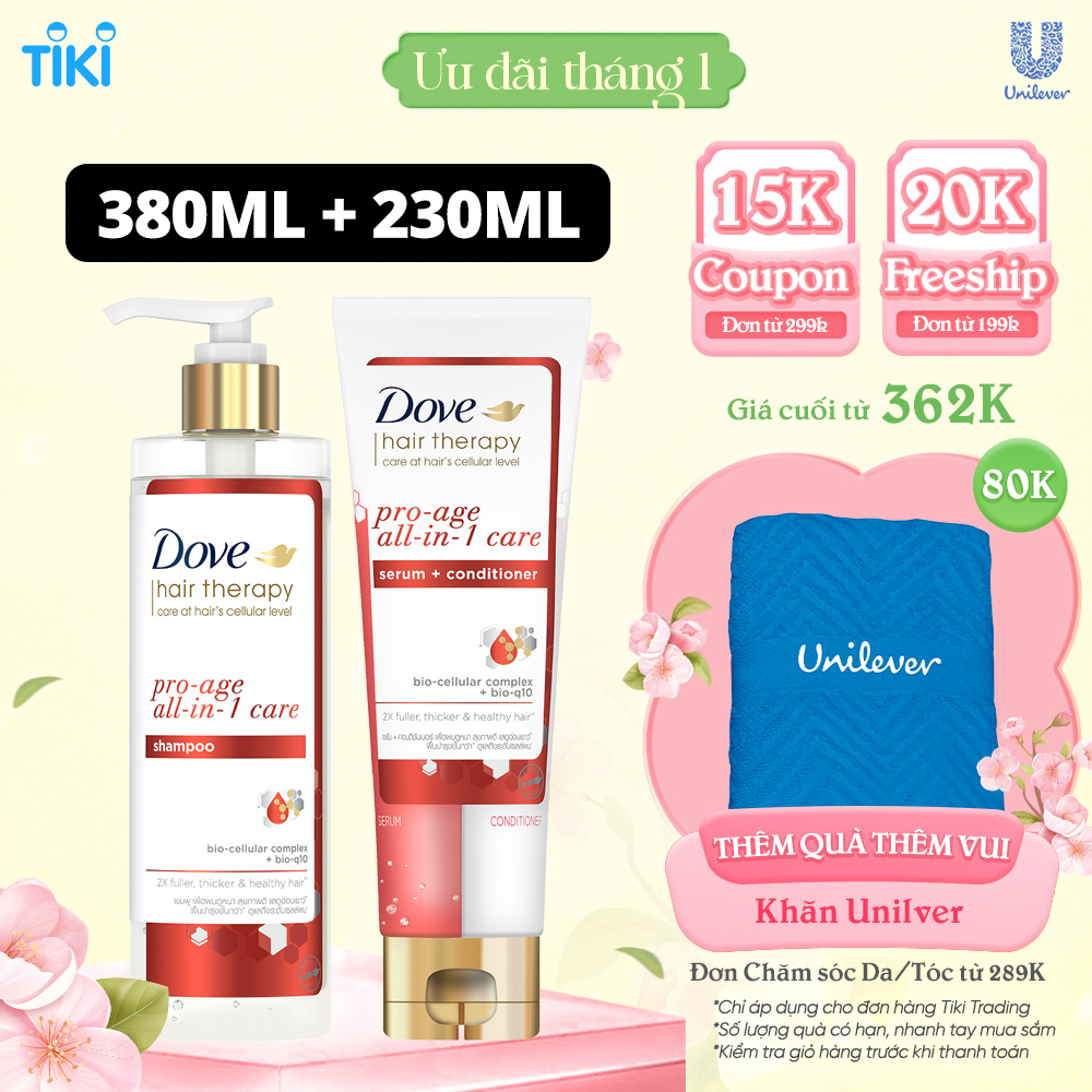 Combo Dầu gội và Kem Xả Serum 2 trong 1 Dove Pro-age Tóc phồng dày và Ngăn lão hóa 380ml, 230 ml