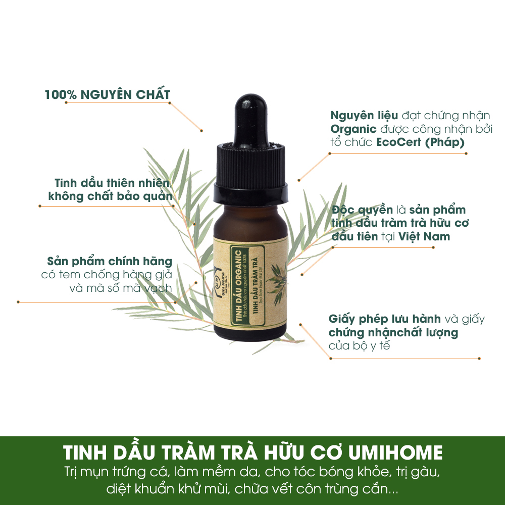 TINH DẦU TRÀM TRÀ HỮU CƠ UMIHOME nguyên chất | Tea Tree Essential Oil 100% Organic 10ml