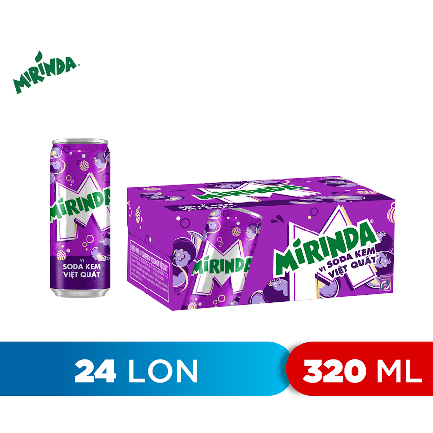 Thùng 24 Lon Nước Ngọt Có Gaz Mirinda Soda Kem Việt Quất (320ml/lon)