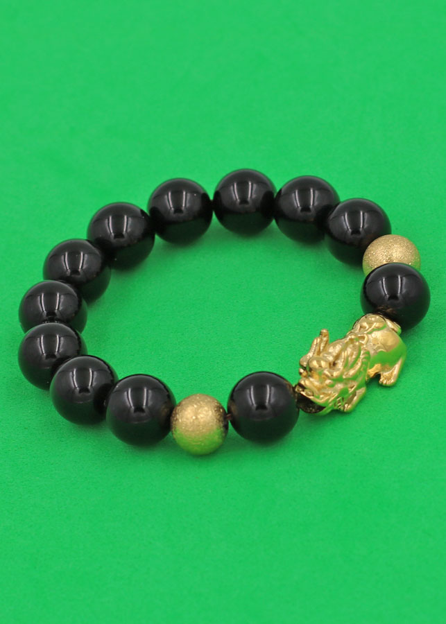 Vòng tay chuỗi hạt Tỳ Hưu inox vàng Thạch Anh Đen 12 ly TH1 - hợp mệnh Mộc, mệnh Thủy