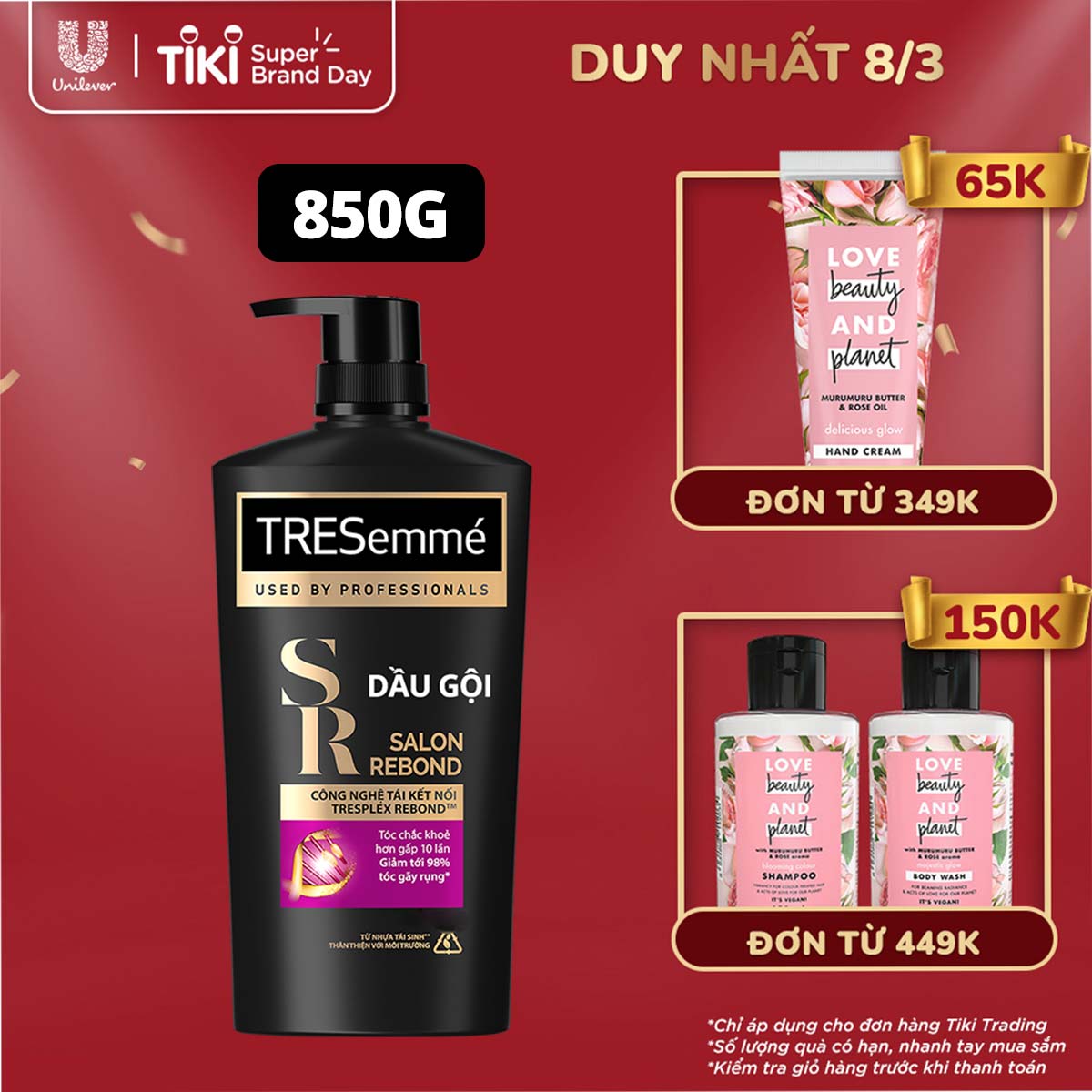 Dầu gội TRESEMME Salon Rebond dưỡng tóc hư tổn với Công nghệ Tái kết nối Keratin ngăn gãy rụng đến 98% 850g