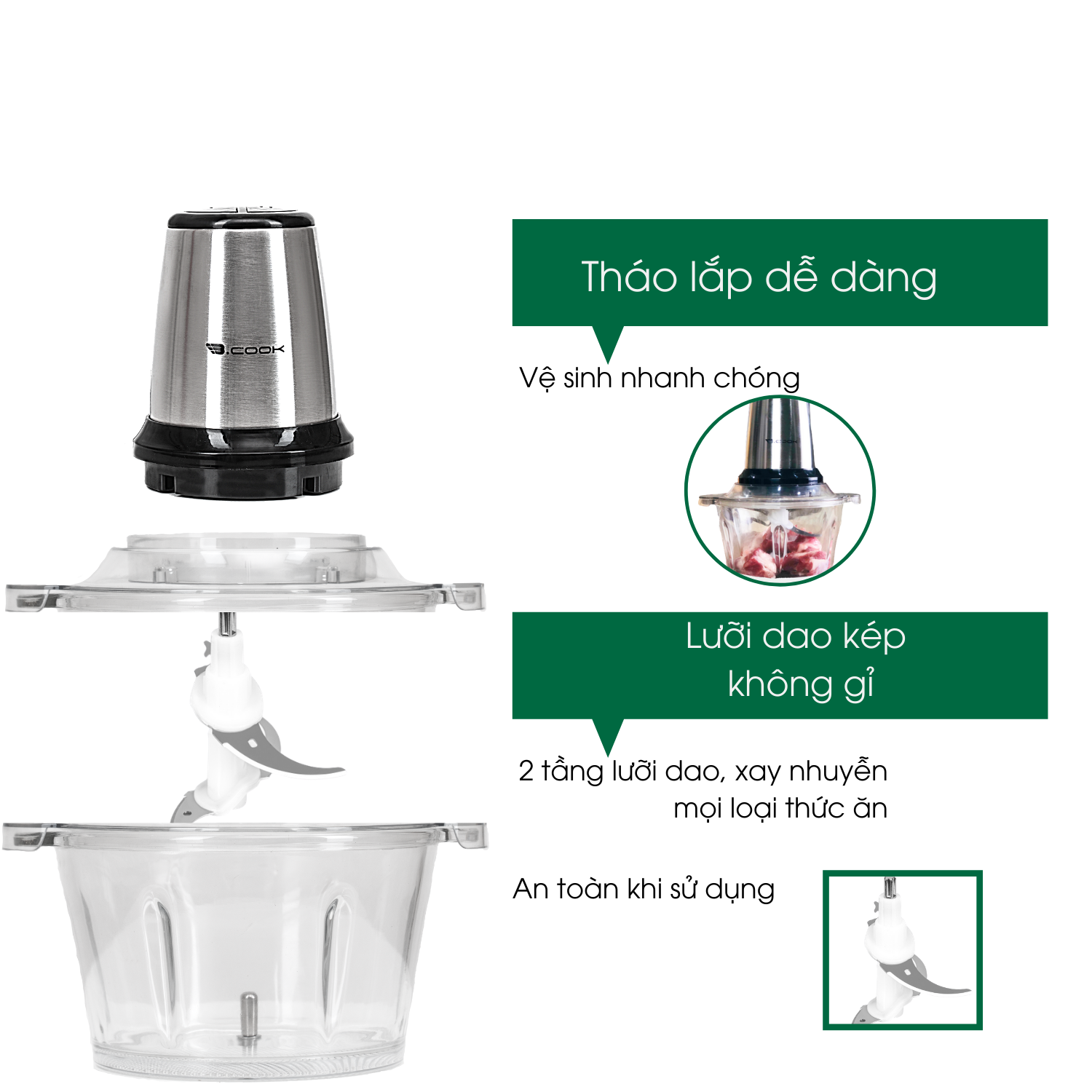 Máy xay thịt, xay cá, xay rau củ, xay đa năng, 2 lưỡi dao kép cối thuỷ tinh BCOOK BC02(350W) - Hàng chính hãng