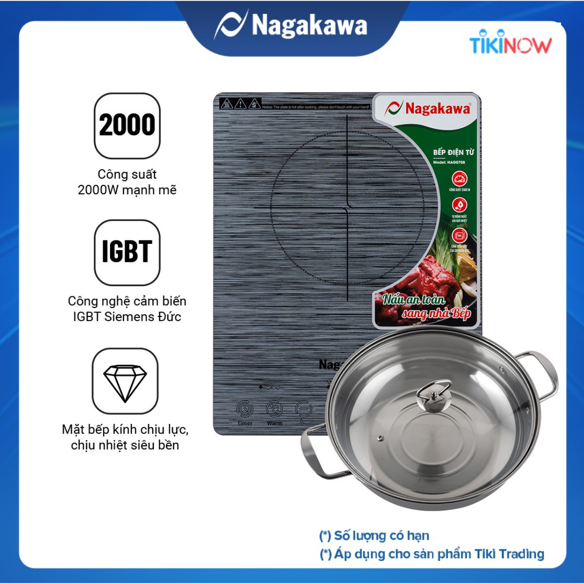 Bếp Từ cảm ứng Nagakawa NAG0708 (2000W) - Kèm Nồi Lẩu - Hàng Chính Hãng