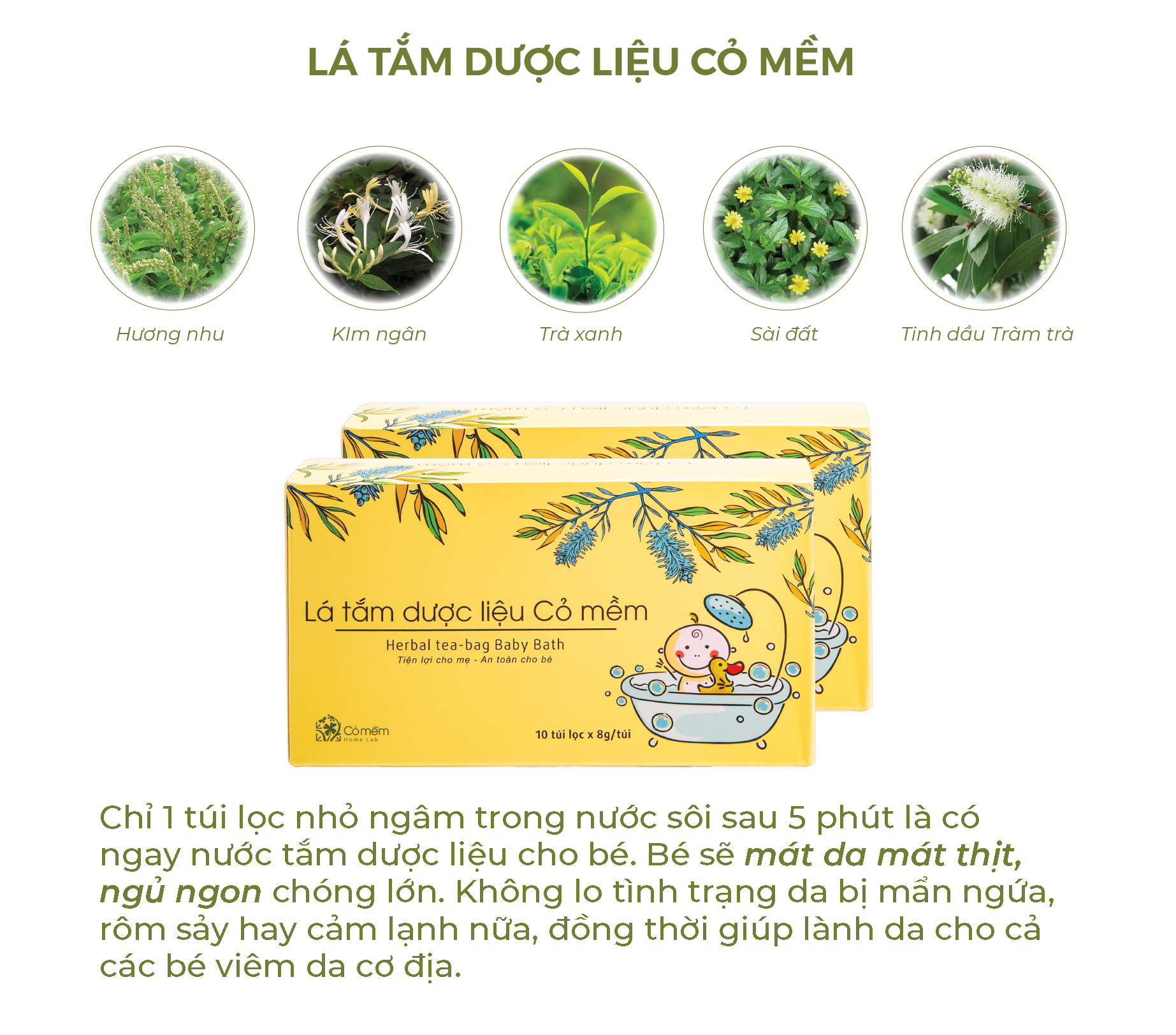 Lá Tắm Dược Liệu Cho Bé Sơ Sinh Giảm Rôm Sảy Mẩn Ngứa Chống Cảm Lạnh Cỏ Mềm