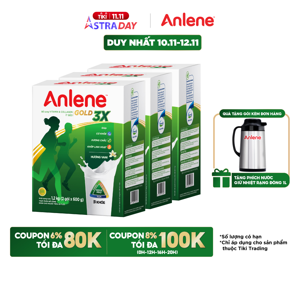 Combo 03 Sữa Bột Anlene Gold 3X Hương Vanilla (Hộp giấy 1200g) - Tặng nồi inox