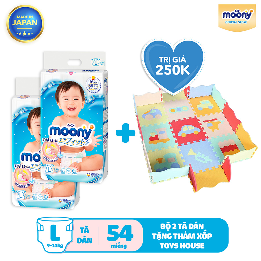 Combo 2 Gói Tã Dán Cao Cấp Moony Nhật Bản L54 (54 Miếng) - Tặng 1 Thảm Xốp Quây