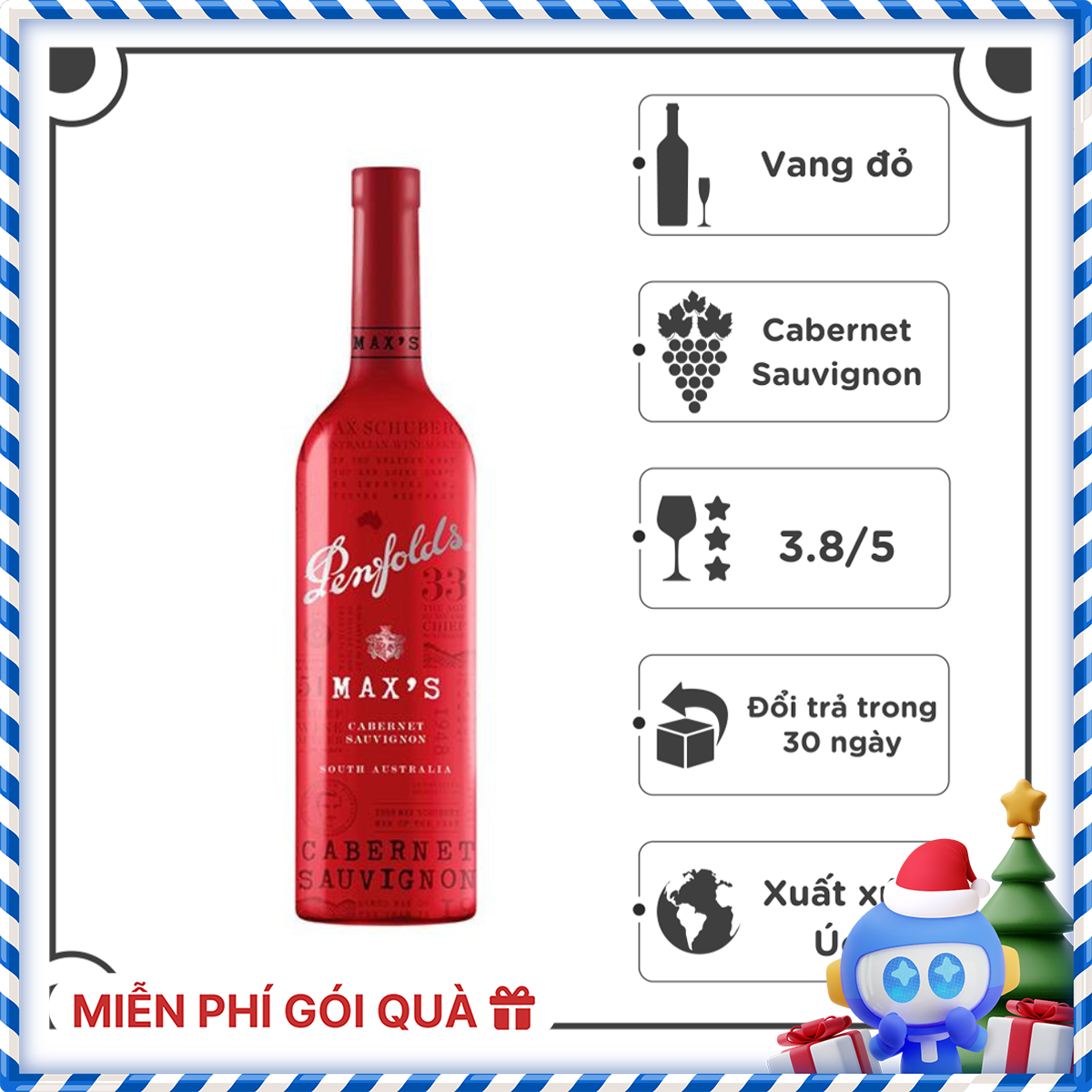 Rượu vang đỏ Úc Penfolds MAX'S Cabernet Sauvignon 750ml 14,5% - Không hộp