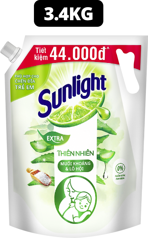 Nước Rửa Chén Bát Sunlight Thiên Nhiên Muối Khoáng & Lô Hội - Túi 3.4KG