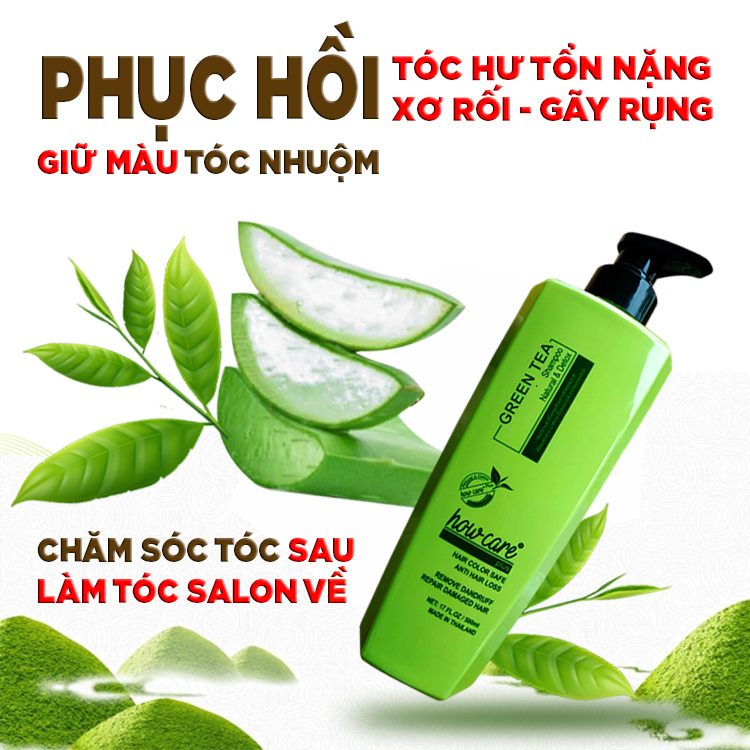 Dầu gội Kích Thích Mọc Tóc - Sạch Gàu Hết Ngứa - Phục Hồi Tóc Hư Tổn Nặng - Giữ Màu Tóc Nhuộm - Trà Xanh Howcare Thái Lan 500ml