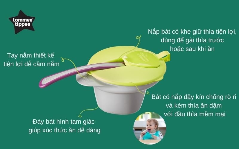 Bát ăn dặm có nắp kèm thìa cho bé Tommee Tippee Cool n Mash từ 4 tháng - Xám