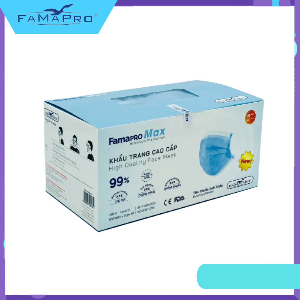 [[ Xuất Khẩu Mỹ ]] - Khẩu Trang Y Tế Cao Cấp Famapro Người Lớn - 4 Lớp Max (40 Cái / Hộp) - BFE, VFE, PFE ≥ 99% Lọc Khuẩn, Bụi, Virus Tốt Nhất - MÀU XANH