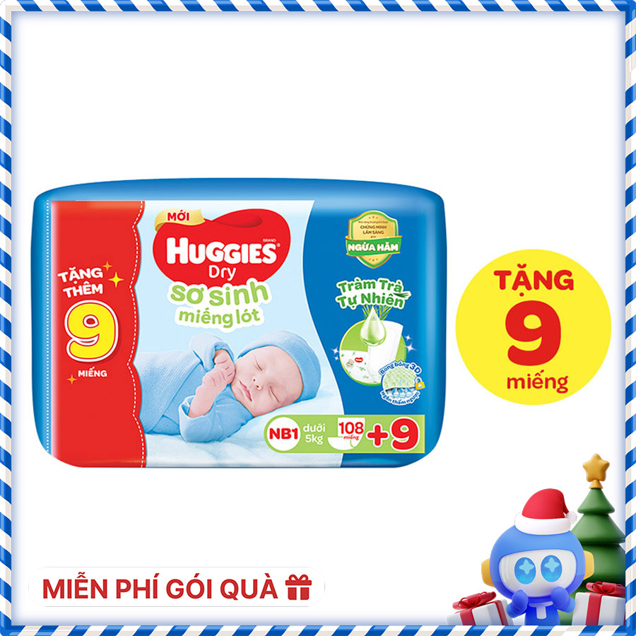Miếng lót sơ sinh NB1 HUGGIES DRY 108 miếng + 9 miếng