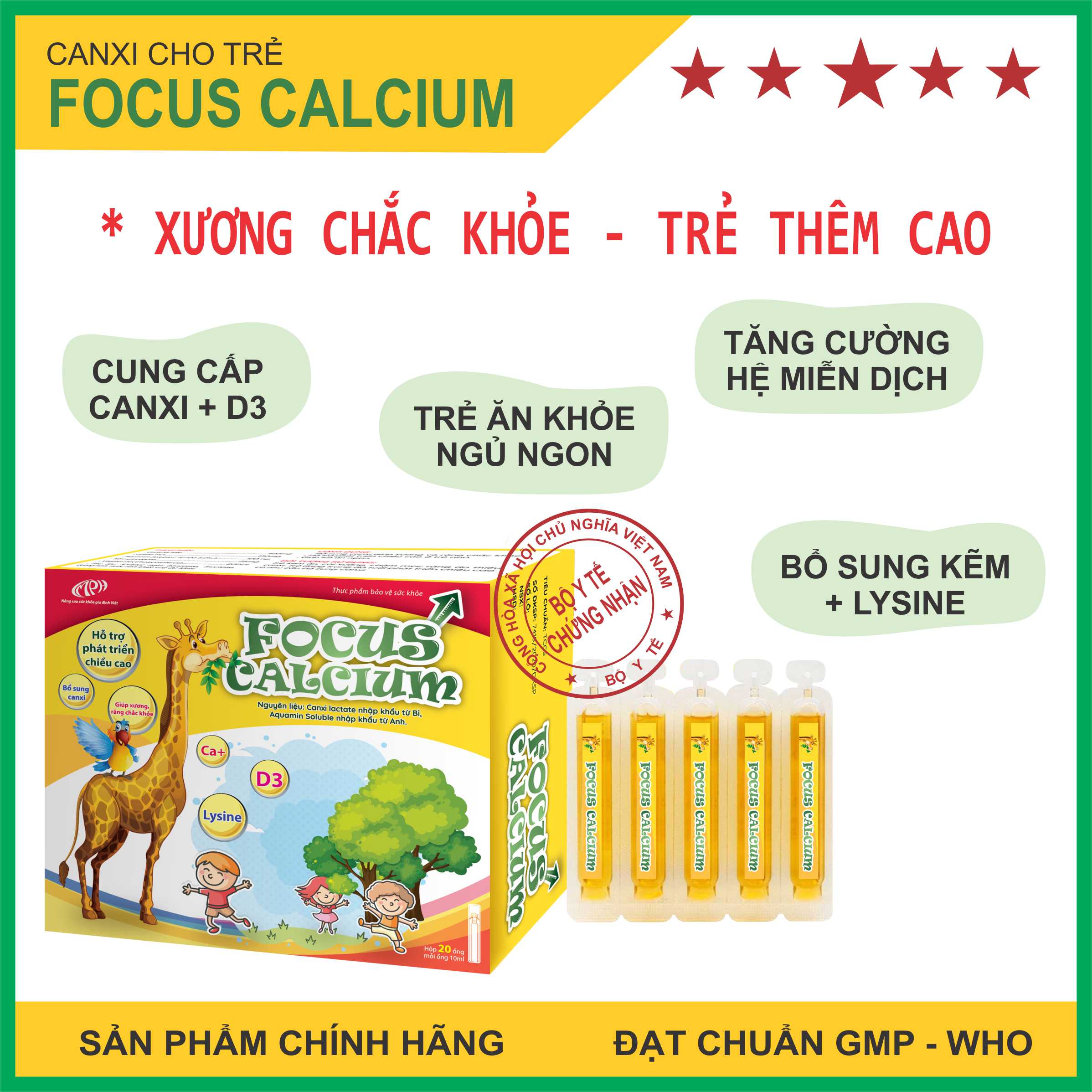 Canxi cho trẻ Focus Calcium - Canxi cho bé dạng nước bổ sung canxi từ tảo biển, vitamin D3 giúp hấp thu   canxi dễ dàng - Hộp 20 ống