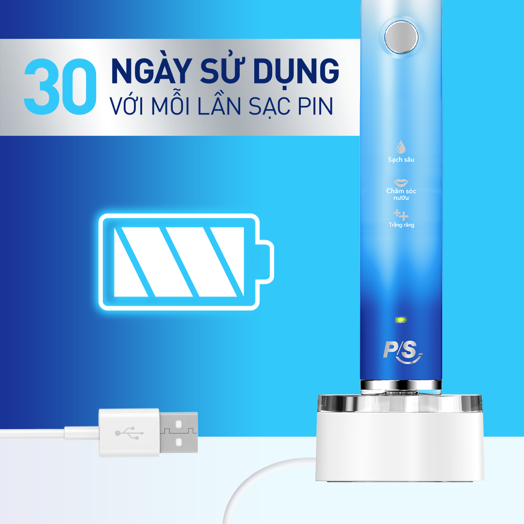 [Coupon giảm 50K]Bàn Chải Điện P/S S100 PRO Trắng Răng Công Nghệ Sóng Âm Xanh Chải Sạch Mảng Bám Tới 10X 1 bộ