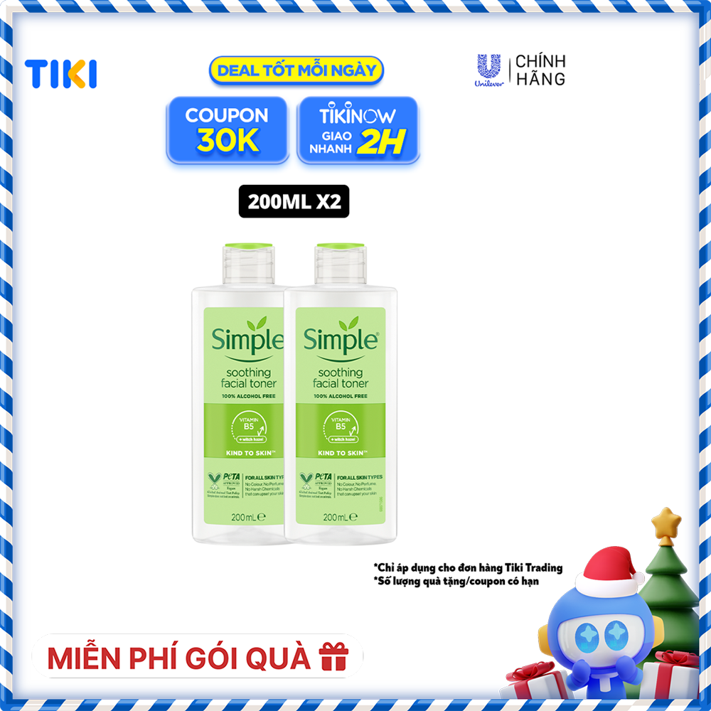 Combo 2 Nước hoa hồng Simple Toner làm dịu và cân bằng độ ẩm cho da - lành tính không chứa cồn 200ml [Chính hãng độc quyền]