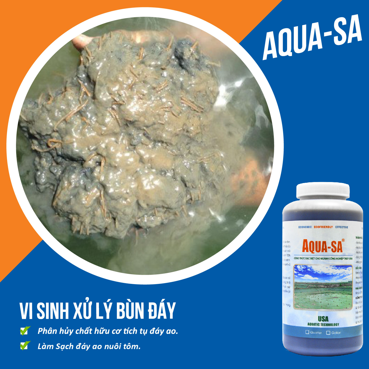 AQUA-SA - Vi sinh xử lý bùn đáy ao nuôi trồng thủy sản - Chai 1 quarter (≈ 1 lít)