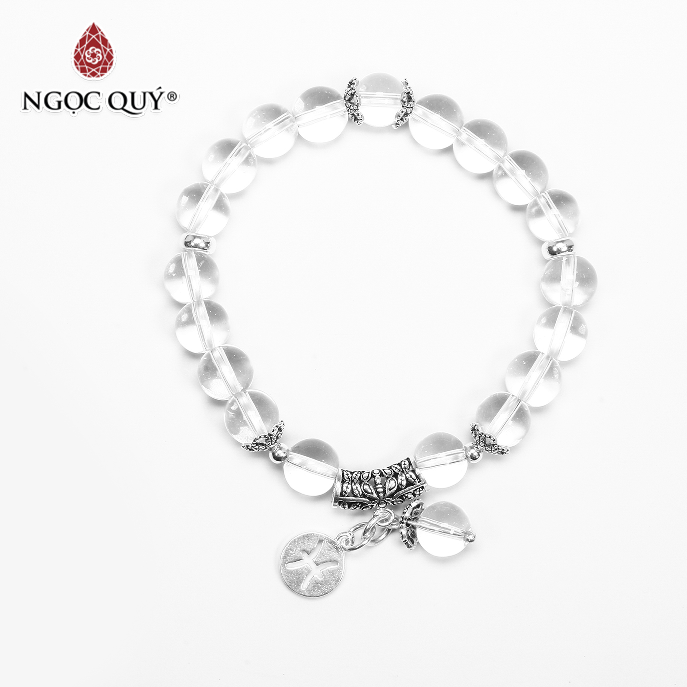 Vòng tay đá thạch anh trắng charm 12 cung hoàng bạc đạo size hạt 8mm - Ngọc Quý Gemstones