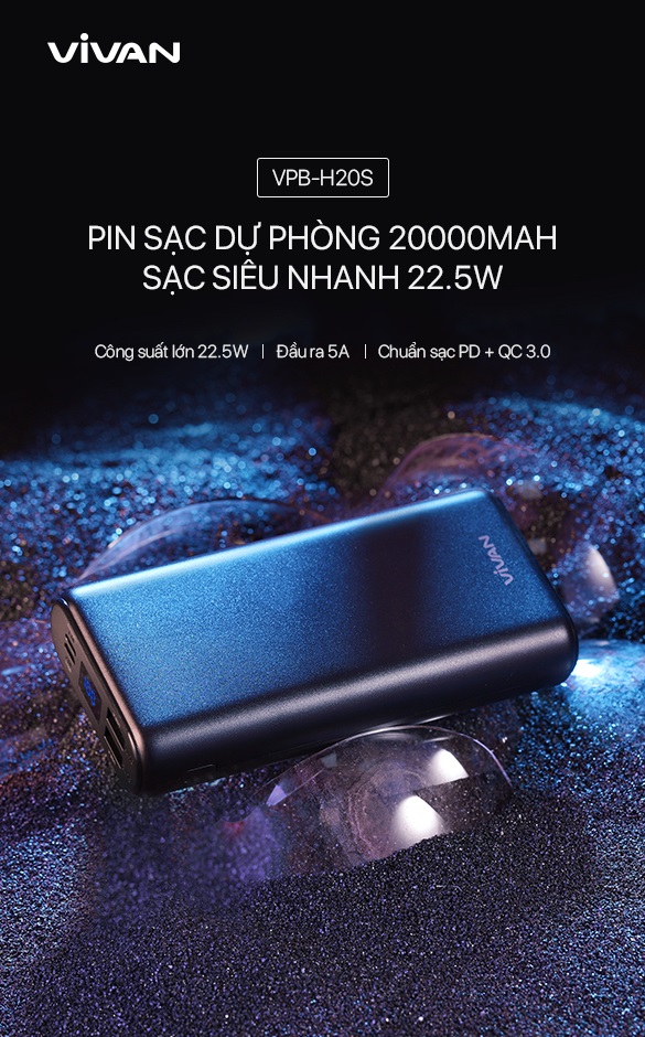 [[ KÈM VIDEO - Chỉ 30p sạc 50% pin iPhone X ]] - Pin sạc dự phòng 20000mAh 3 cổng USB Vivan | 22.5W - 5A cổng Type C Sạc nhanh QC 3.0 Power Delivery PD - VPB-H20S - Hàng Chính Hãng