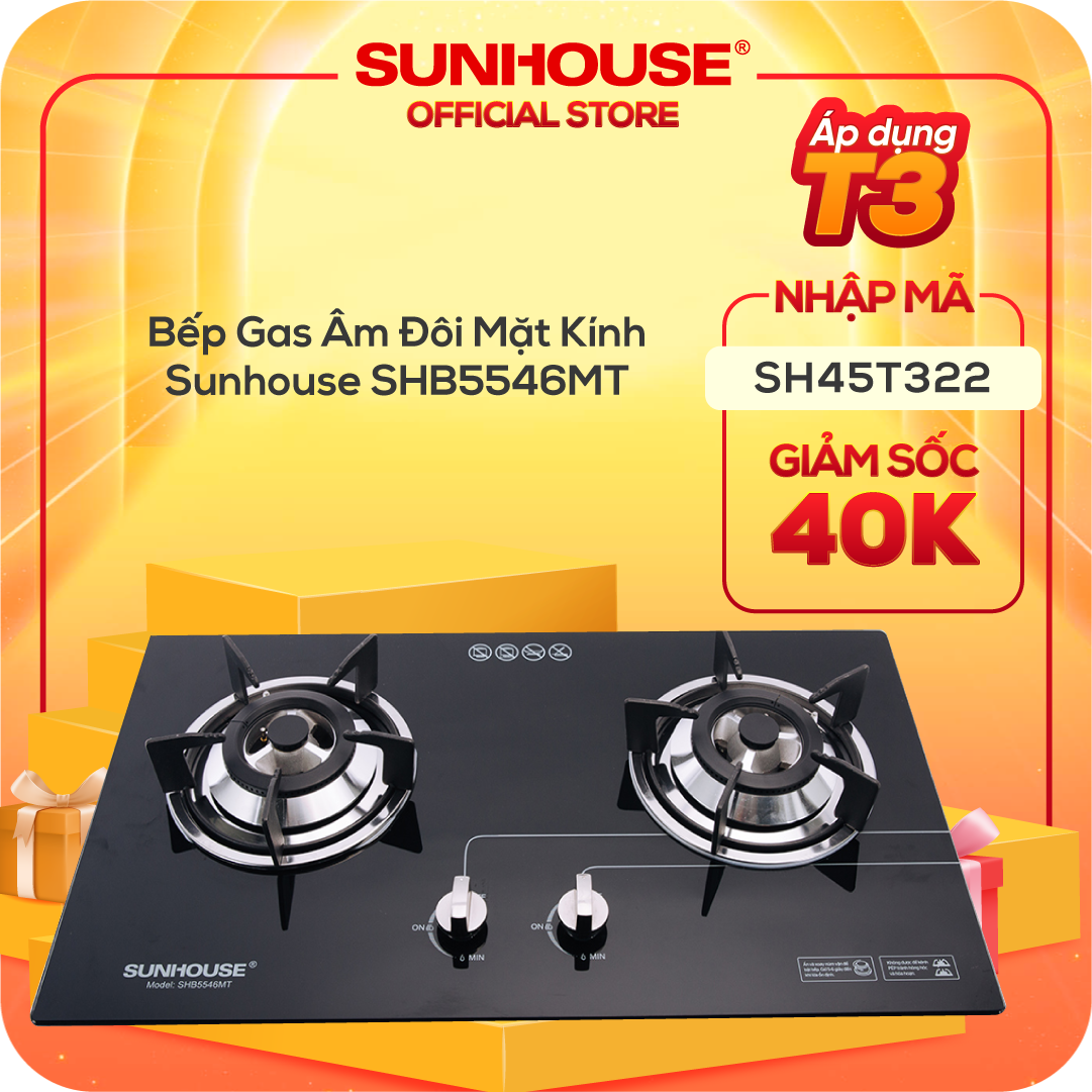 Bếp Gas Âm Đôi Mặt Kính Sunhouse SHB5546MT - Hàng Chính Hãng