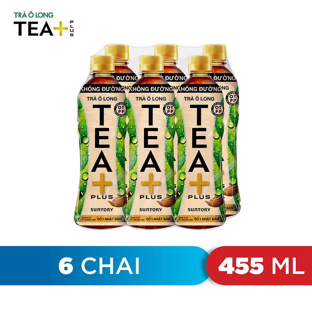 Lốc 6 Chai Ô long Không Đường Tea+ (455ml x6 Chai)